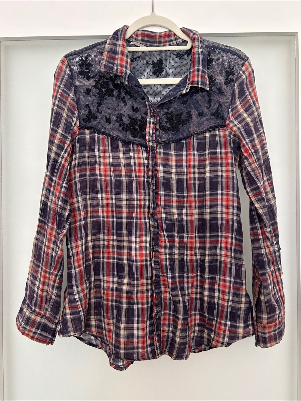 Free People Saddle Up plaid button-down shirt black lace and mesh embroidered L